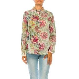 Floral Button-Down Shirt in Green with Pink Accents